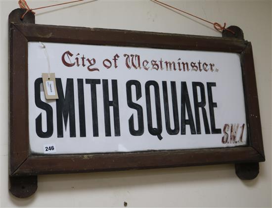 A 20th century City of Westminster street sign, Smith Square SW1, in wooden frame, 50 x 75cm (overall)